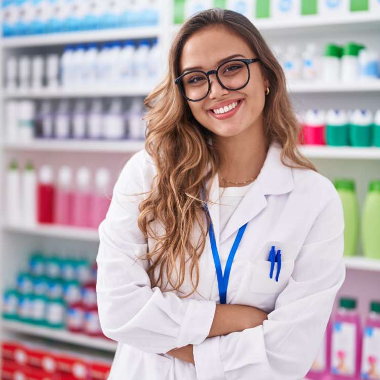 Apothekerin steht im Verkaufsraum und lächelt