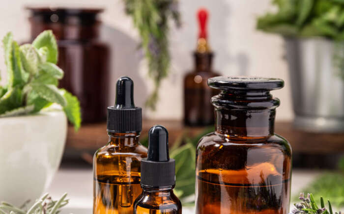 Diverse Behältnisse mit frischen Kräutern drumherum