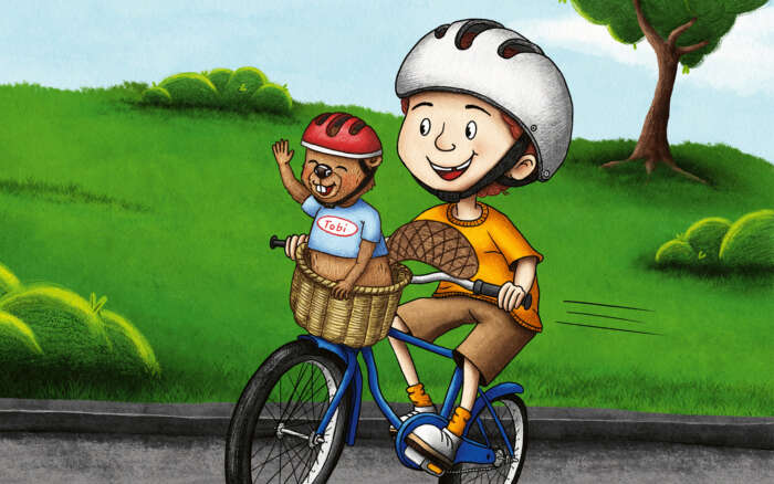 Eine Illustration von Tobi dem Biber im Körbchen eines Fahrrads, ein Kind fährt