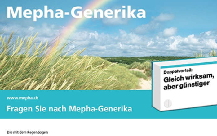 Ein Regenbogen am Strand mit Text: Mepha-Generika, Fragen Sie nach Mepha-Generika