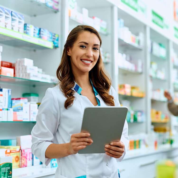 Apothekerin in der Apotheke mit ihrem Tablet